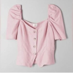 Aritzia Wilfred Janine Linen-Blend Puff Sleeve Button-Front Blouse Light Pink